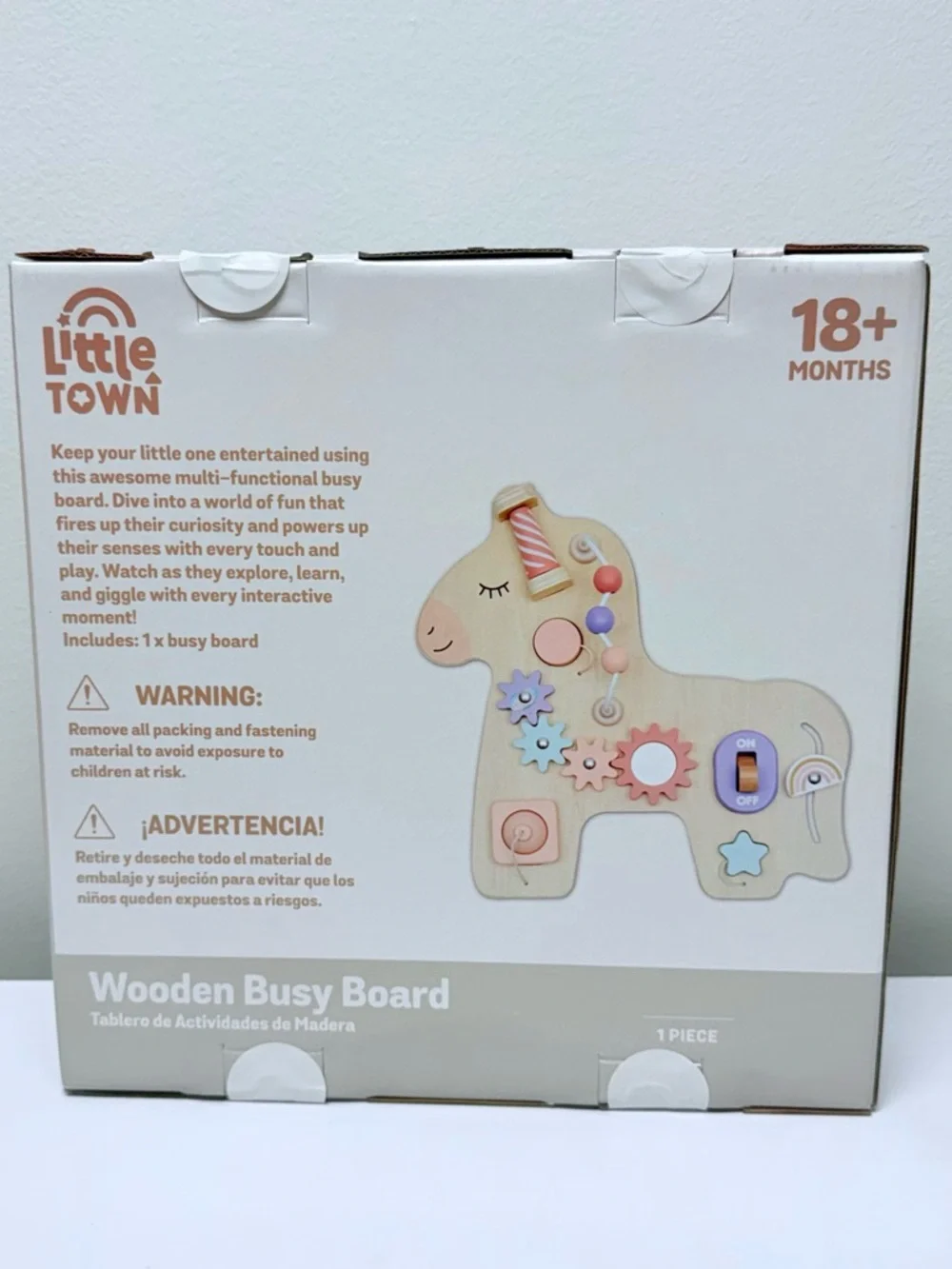 Wooden Unicorn Busy Board Sensory Toy - Tan & Pastel from Aldi Little Town
